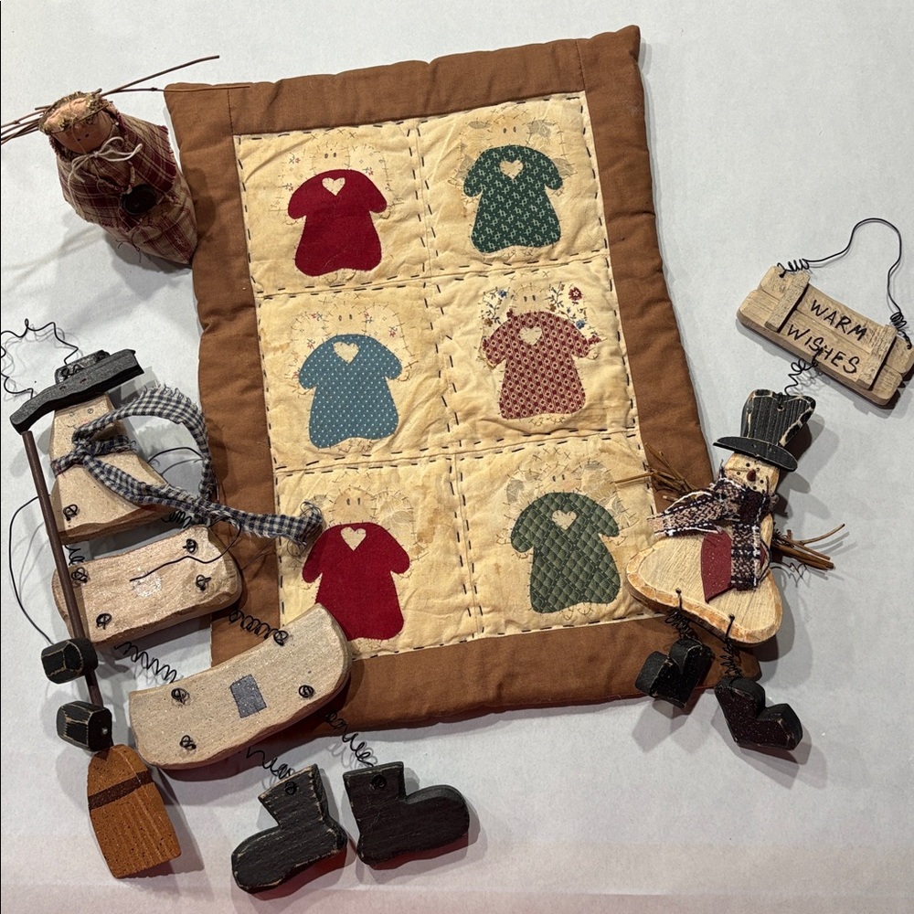 Primitive Christmas Rustic Decor mini quilt, angel snowman bundle lot